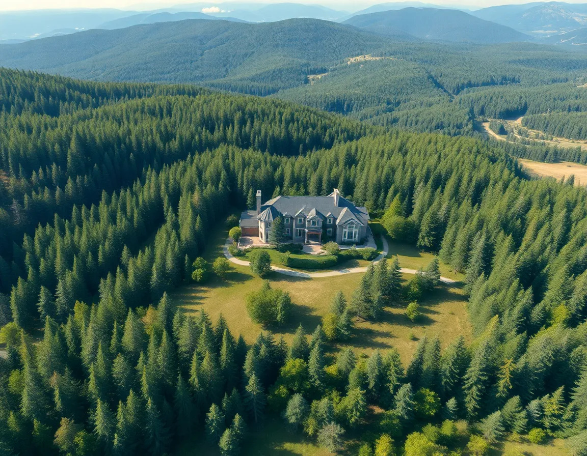 Aerial master plan blueprint overlaying a pristine forested valley estate