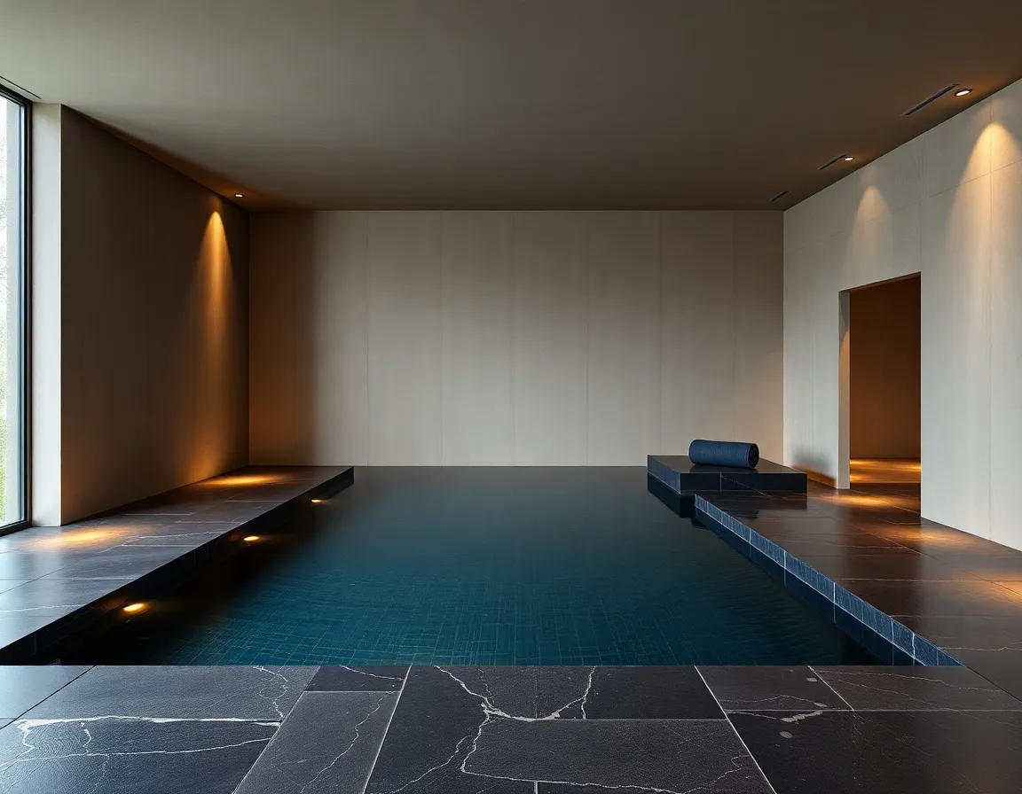 An ultra-modern minimalist private indoor spa with infinity lap pool surrounded by dark slate stone and warm atmospheric floor lighting