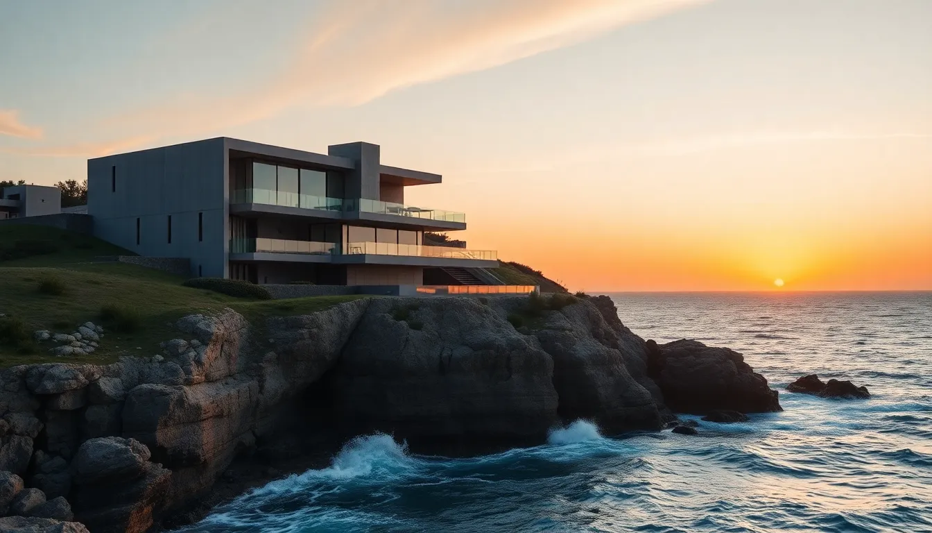 Brutalist architectural masterwork compound built on a rugged coastal cliff edge with crashing waves and sunset sky