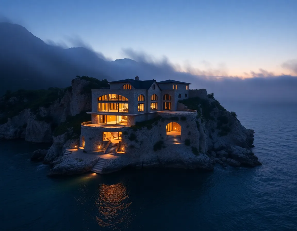Cinematic monolithic limestone luxury villa embedded in coastal cliffs overlooking mist ocean, twilight illumination, ultra fine architectural photography
