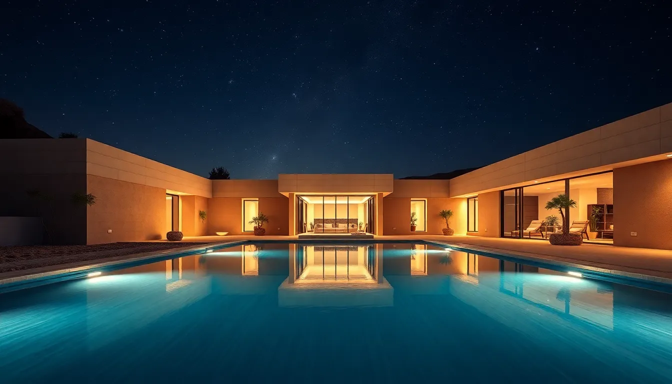 Futuristic desert luxury compound with curvilinear earth-toned concrete walls and an illuminated infinity reflecting pool under starry night sky