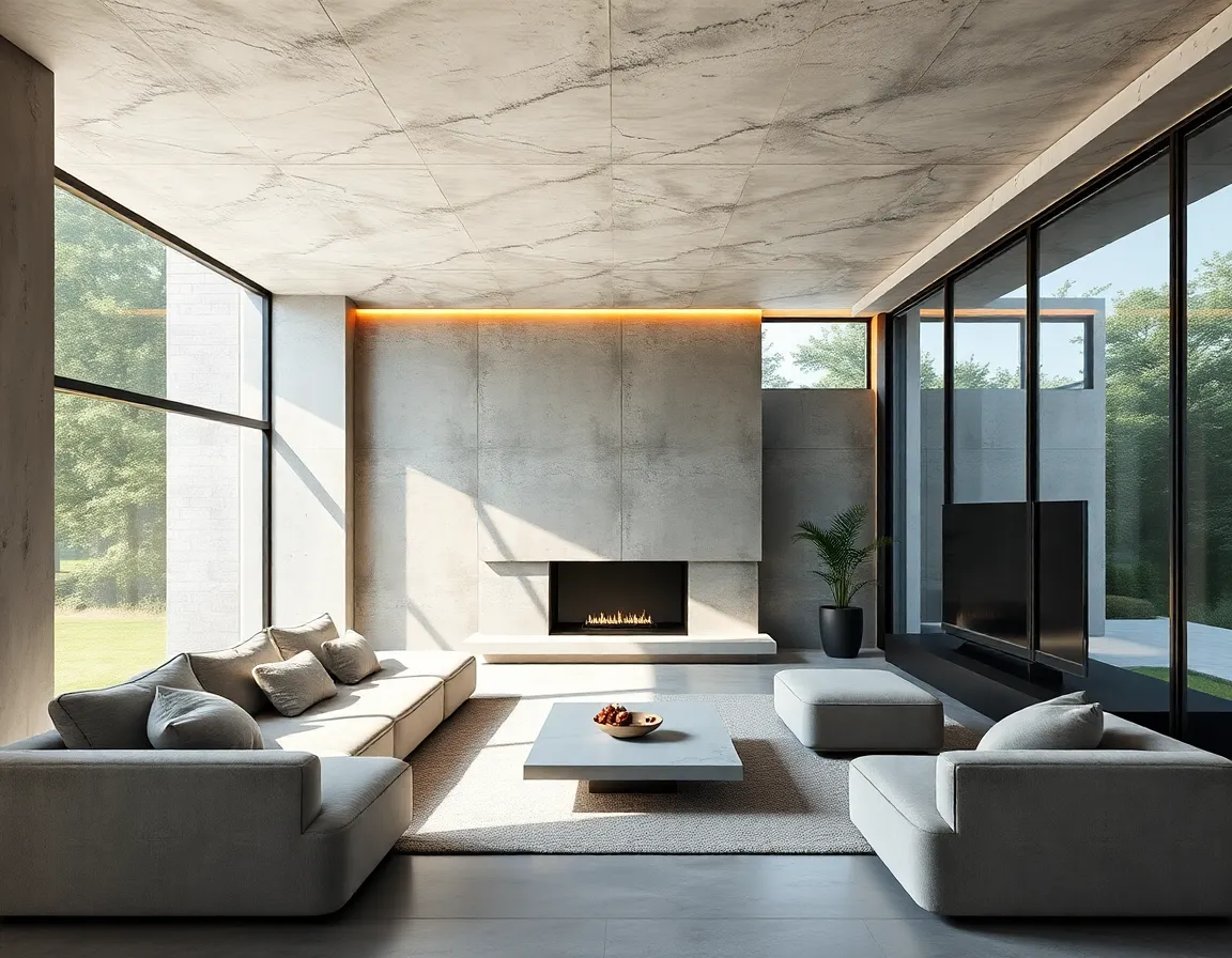 Interior living room of a brutalist estate with raw textured concrete walls, minimalist neon accents, plush sunken lounge seating and panoramic floor-to-ceiling glass