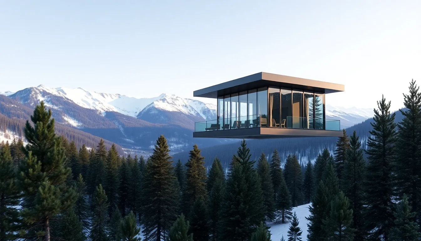 Modern cantilevered glass villa suspended over pine tree valley in winter with snow capped peaks in the background