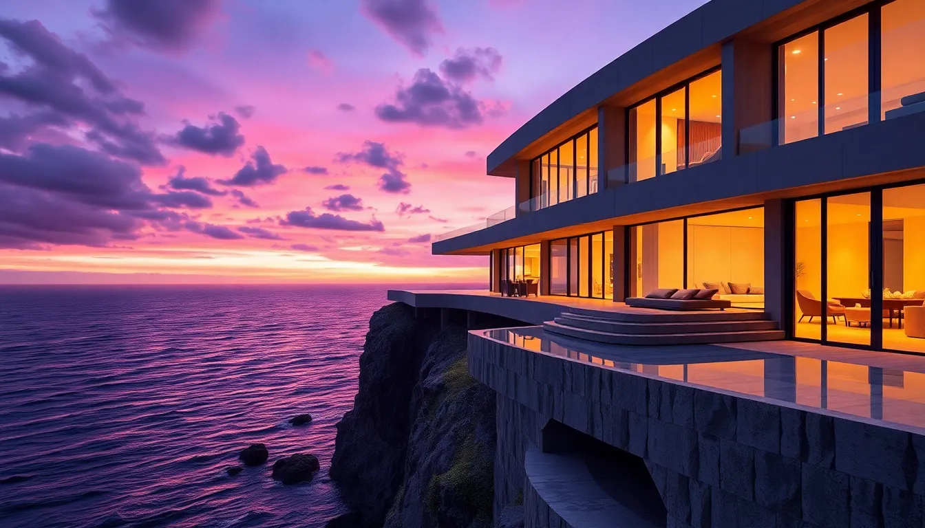 Ultra-luxury futuristic concrete cliffside estate overlooking a stormy violet ocean at dusk with floor to ceiling glass windows and illuminated warm interior